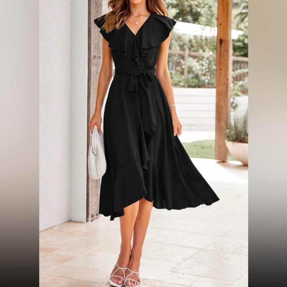 Black Ruffled V-Neck Tie-Waist Midi Dress
